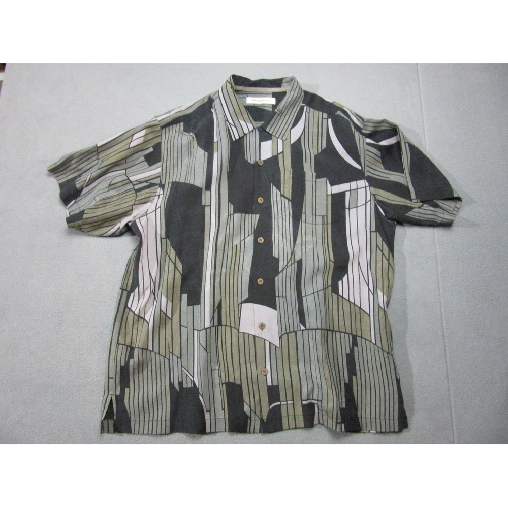 Tommy Bahama Shirt Mens XL Gray Geometric Silk Button Up Short Sleeve Casual